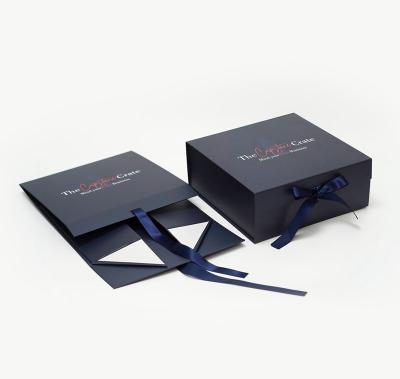 China Navy Blue Recyclable White Black Foldable Rigid Cardboard Paper Packaging Custom Logo Jewelry Magnetic Closure Gift Box With Ribbon for sale