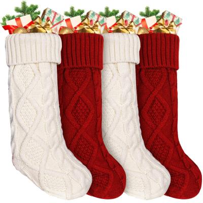 China 100% Large -18 Inch Acrylic Christmas Stockings 4Pack Double Sided Cable Knitted Christmas Stocking Burgundy Red and Cream for sale