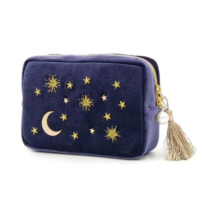 China Portable Soft Universal Rectangle Moon Star Embroidered Plush Velvet Makeup Bag With Tassel For Women Girls for sale