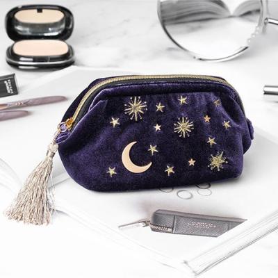 China Hot Sale Luxury Plush Velvet Stars Moon Embroider Velvet Bags Cosmetic Pouch With Tassel for sale