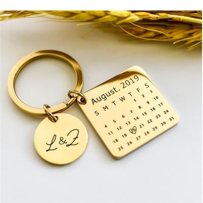 China Anniversary Gift Customized Logo Stainless Steel Square Round Charm Engrave Key Chain For Women Anniversary Gift for sale