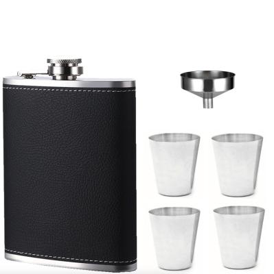 China Hip Flasks For Liquor 7 Ounce Gifts Set Hip Flasks For Liquor 7 Ounce Gifts Set Flasks Black Leather Cover With Funnel With 4 Cups for sale