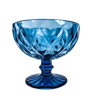 China New Style Viable Blue Colored Diamond Design Icecream Glass Cup, Glass Dessert Cup Dessert Bowl for sale