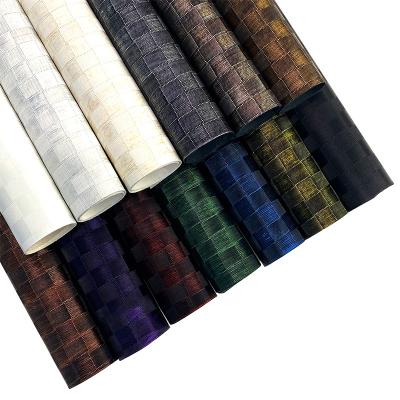 China Waterproof Synthetic PU Metallic Checked Leather Vintage Embossed Plaid Texture Craft Fabric For Wallet Handbag Sewing Projects for sale