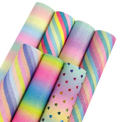 China Waterproof Rainbow Stripes Printed Fine Glitter Leather For Crafts Glitter Custom Faux Leather Sheets Earring Hangers 8