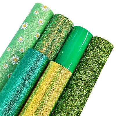 China Waterproof 6 Pcs Faux Leather Sheets Green Combination Shiny Glitter Synthetic PU Leather Holographic Crafts Fabric For DIY Decoration for sale