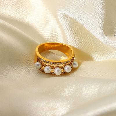 China FASHIONABLE Hot Pearl Full Zircon Set Three Layer Ring Women Ring 18k Gold Plated Stainless Steel Ring for sale