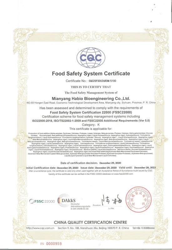 Food Safety System Certificafe - Mianyang Habio Bioengineering Co., Ltd.