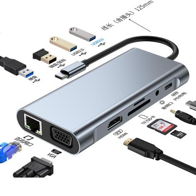 China Hotsale 11 in1 Aluminum Alloy + ABS USB Type C Hub Adapter with PD AUX. 4K HD-MI VGA USB3.0 RJ45 SD TF Card Reader For MacBook Huawei USB-C Dock for sale