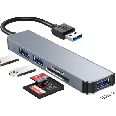 China Aluminum Alloy + ABS USB 5 in 1 Hub Adapter with USB3.0 SD TF Card Reader for PC Computer Laptop Extender Desktop Plug and Play for sale