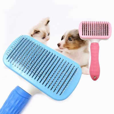 China Viable Grooming Brush Comb Groom Pet Slicker Self Clean Dog Brush Cat Comb With Self Clean Button With Masaging Pearl On Tips for sale