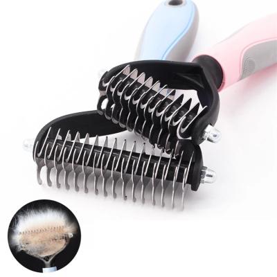 China Durable Pet Hair Removal Comb 2 Blades Pet Fur Dematting Trimmer Deshedding Sided Brush Grooming Tool Stainless Steel Double Sided Rake for sale