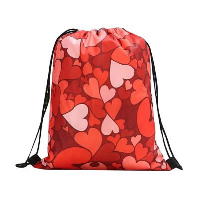 China Biodegradable Heart Print Casual Drawstring Bags Custom RPET Polyester Drawstring Bag for sale