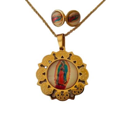 China Stainless Steel Religious Holy Glass Medals Jewelry Baptism Catholicism Pendant Necklace Mary Virgen De Guadalupe Milagrosa for sale