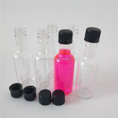 China food & Plastic Beverage Packaging 50ml Mini Liquor Bottle PET Shot Bottles Alcohol Shot Bottles With Black Cap for sale