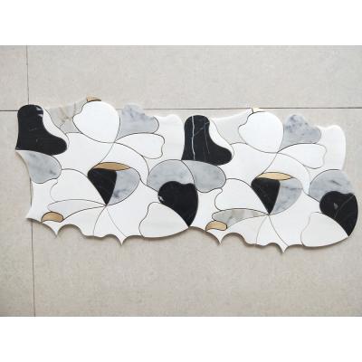 China Modern New Design White Marble Mosaic Wall Tile Waterjet Brass Gold And Inlay Black for sale