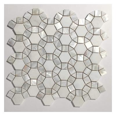 China Modern Design Water Jet Pallas Sea Shell Football Tile And Pearly White Marble Stone Mosaic From Thassos for sale