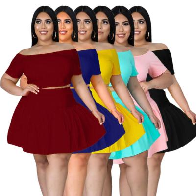 China Plus Size Sexy 2 Piece Set Short Sleeve Off The Shoulder Crop Tops + Pleated Mini Skirt Two Piece Set Women Club Female Outfits Plus Size 5xl for sale