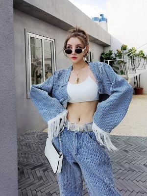 China New Tassel Long Sleeve High Waist Denim Short Jacket Women QUICK DRY Straight Jeans Fashion Suit for sale