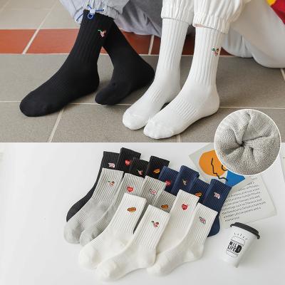 China Valentine Gift Couple Socks Thick QUICK DRY Terry Black White Crew Socks for men and women with hamburger hot dog heart bear for sale