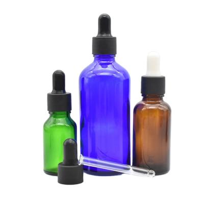 China Personal Care 30ml 50ml Blue Green Amber Clear Glass Dropper Bottle With Cap Black Essential Oil Cosmetic Glass Bottle for sale