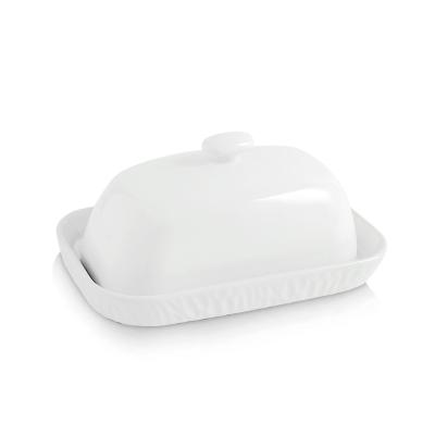 China Large workable simple white glazed ceramic butter dish with well sealed cover for butter and cheese keeper for sale