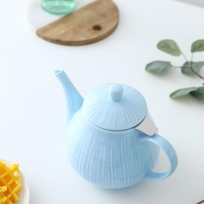 China Viable Sky Blue Bright Glazed Ceramic Teapot Set With Strainer Porcelain Tea Set For Tea Time Office for sale