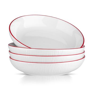 China Wholesale Ceramic Restaurant Viable Stripe Pattern Pasta Dish Red Paint Round Pasta Bowl Ceramic Soup Dish for sale