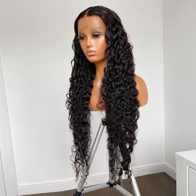 China Natural Black Color Natural Wave Cuticle Aligned Virgin Hair Unprocessed Deep Wave Lace Frontal Wig for sale