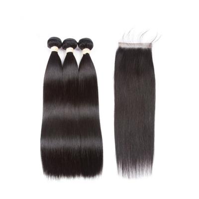 China Hot Selling Natural Straight Wave Factory Price Brazilian Hair Extension Hair Bundles With Closure 4*4 Straight Weave Weft for sale