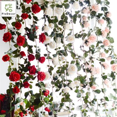 China Party Wedding Hotel 9cm Rose Garland Artificial Rose Vine With Green Leaves Flower Garland For Home Wedding for sale