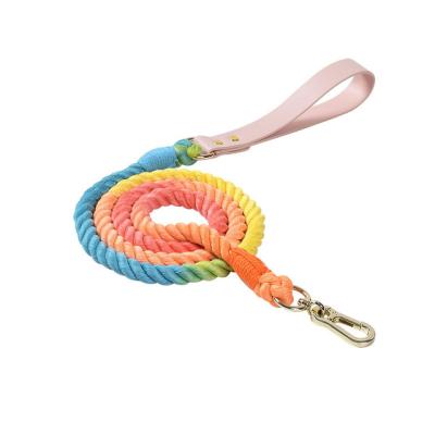 China Personalized Customize Colorful Pet Leather Handle Cotton Rope Leash For Dog for sale