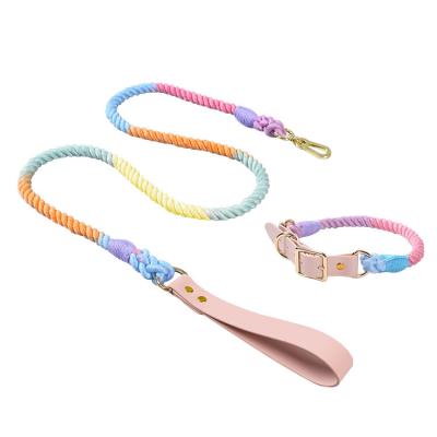 China New Small Medium Large Braided Colored Colorful Braided Dog Pet Dog PU Leather Collar Leash Set Color Gradient Color Gradient Rope Cotton Small Product for sale