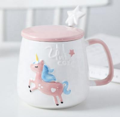 China Wholesale Creative Cartoon Ceramic Mug With Cover 3D Embossed Unicorn Cartoon Water Cup With Cover And Spoon for sale