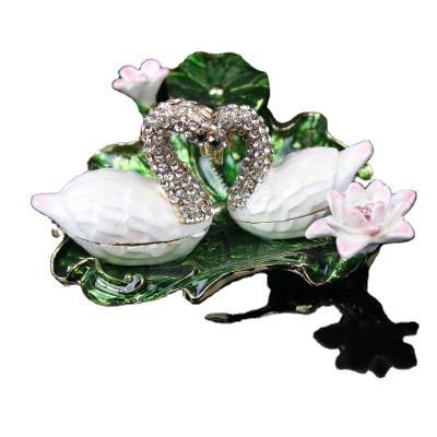 China Traditional alloy crafts and ornaments lotus leaf swan family ornaments enamel color gifts for sale