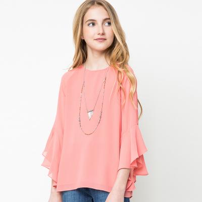 China Boutique Girl Clothing Children's Designer Back Neck Designs Breathable Tendril Sleeve Chiffon Blouse for sale