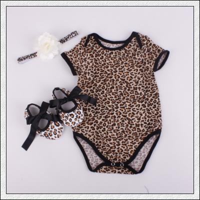 China Breathable Designer Girl Baby Clothing Set For Toddler Leopard Romper Shoes Headband for sale