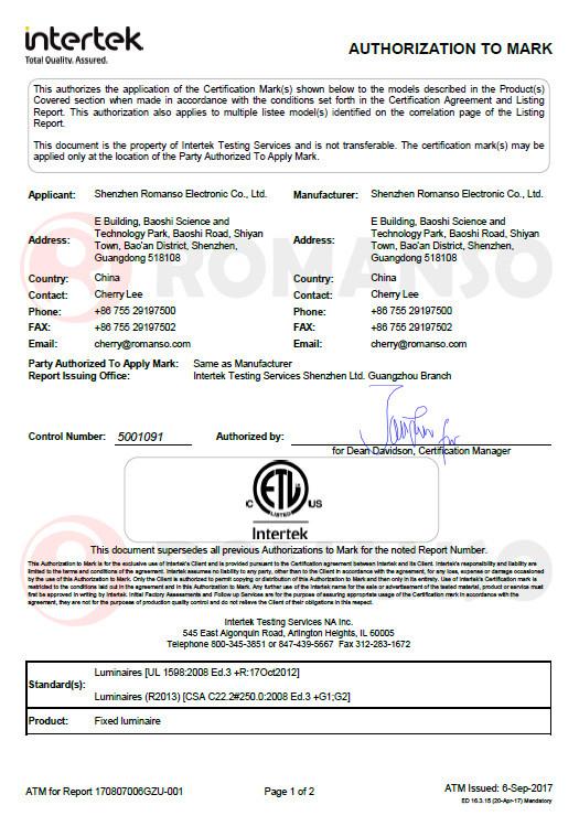 ETL - Certificate of compliance - Shenzhen Romanso Electronic Co., Ltd.