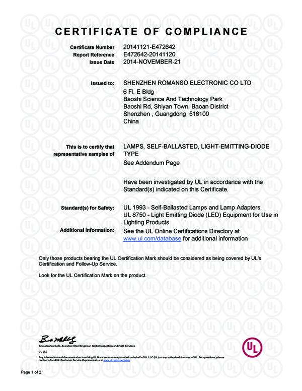 UL - Certificate of compliance - Shenzhen Romanso Electronic Co., Ltd.