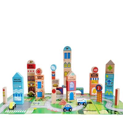 China Toy Colorful Wooden Blocks Street View Solid Wooden Urban Blocks Educational Pack 50 Large Particles for sale