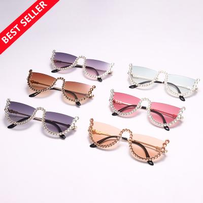 China 2022 New Arrival UV400 Protection Logo Fashion Half Frame Luxury Custom Made Shading Rhinestone Diamond Glass Women Sunglasses Bling Sun for sale