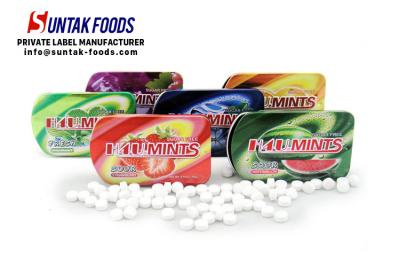 China 15g Sweet Confectionery Slide Tin Box Candy / Xylitol Mints For Fresh Breath for sale