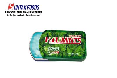 China Spearmint Flavor Slide Tin Box Candy With Xylitol Fresh Breath for sale