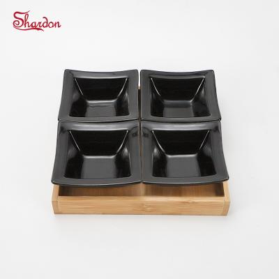 China Japanese Style Minimalist Wholesale Ceramic Black Snack Serving Dish Bowl Set With Wooden Tray, Saucer In Sauce Flavor for sale