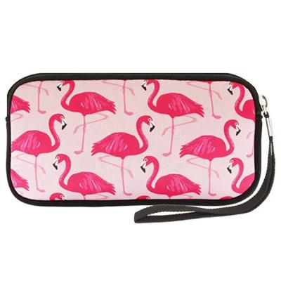 China Customized Larger Capacity Recyclable Premium Flamingo Design Neoprene Cosmetic Bag Multifunctional Coin Pouch With Strap for sale