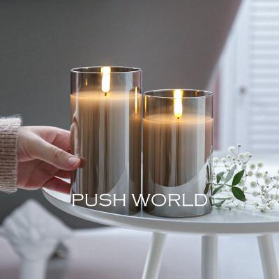 China Real Flame 3d Pillar Flameless Candles Set In Glass Decoration Remote Timer Home Golden Pot Flameless Led Candle for sale