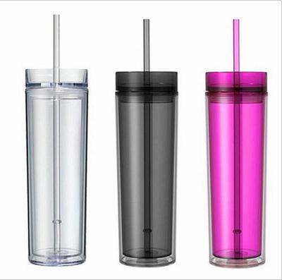 China Sustainable 16oz ACRYLIC Double Wall Skinny Tumbler Bottle With Straw Clear Plastic Drink Cup for sale