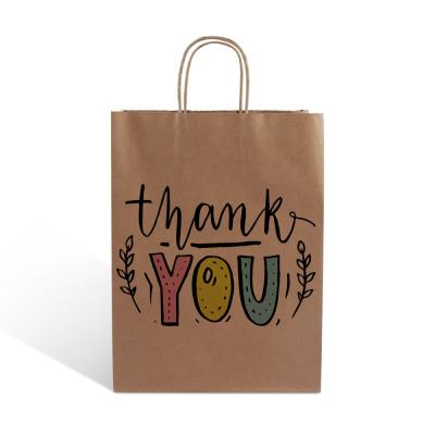 China Recyclable Customized Logo Small Thank You Supermarket Shopping Brown Kraft Paper Twist Rope Handle Gift Bag for sale