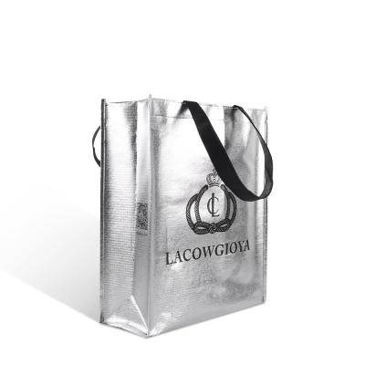 China Custom Logo Handled Printed Reusable Silver PP Non Woven Fabric Tote Gift Wrapping Shopping Bag For Christmas for sale