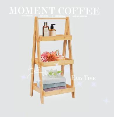 China Single Bamboo 3 Tiers Free Standing Storage Shelves Ladder Shelves Tray Shelves For Bathroom for sale